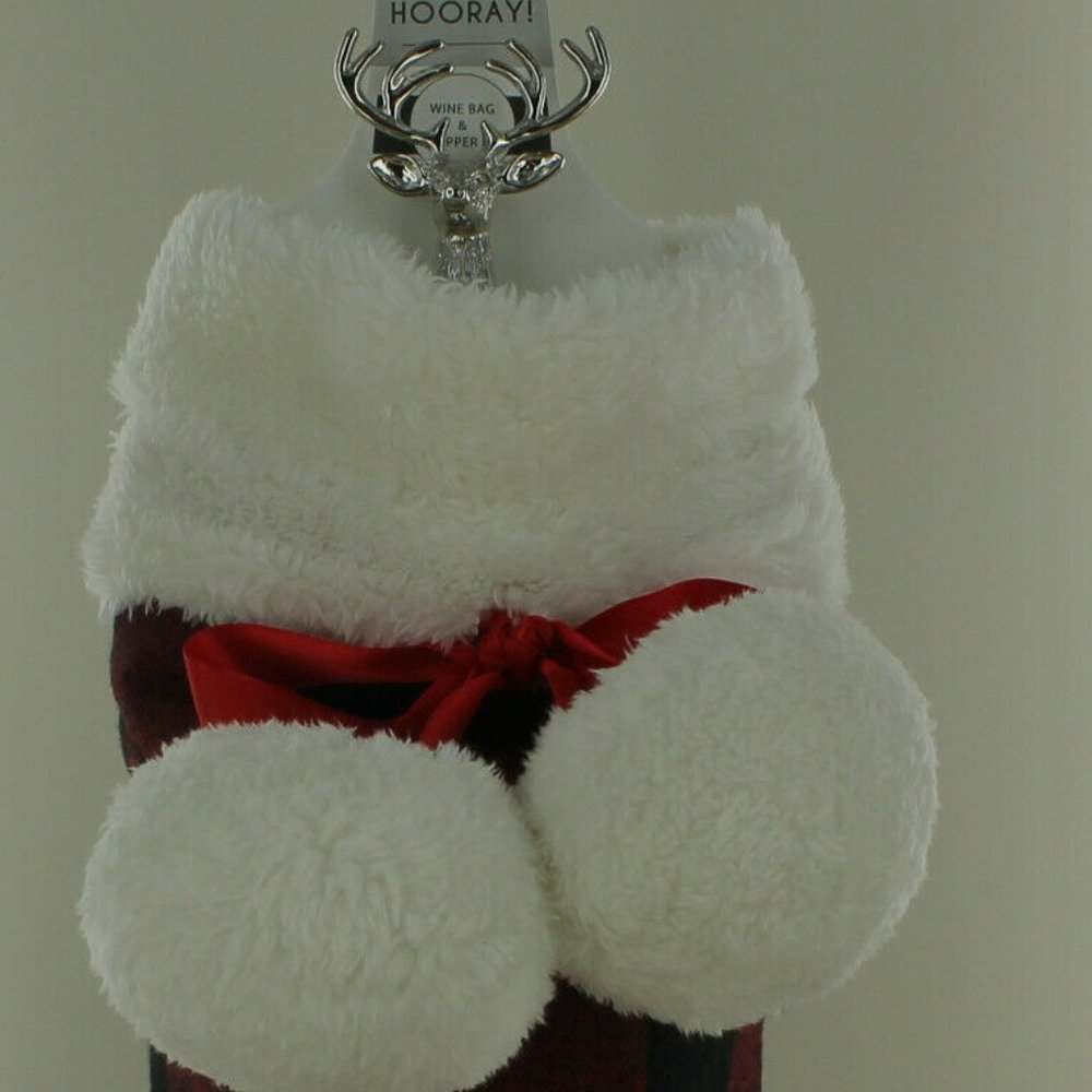 New Mix It Wine Bottle Bag with Stag Stopper - Black & Red with Faux Fur Trim